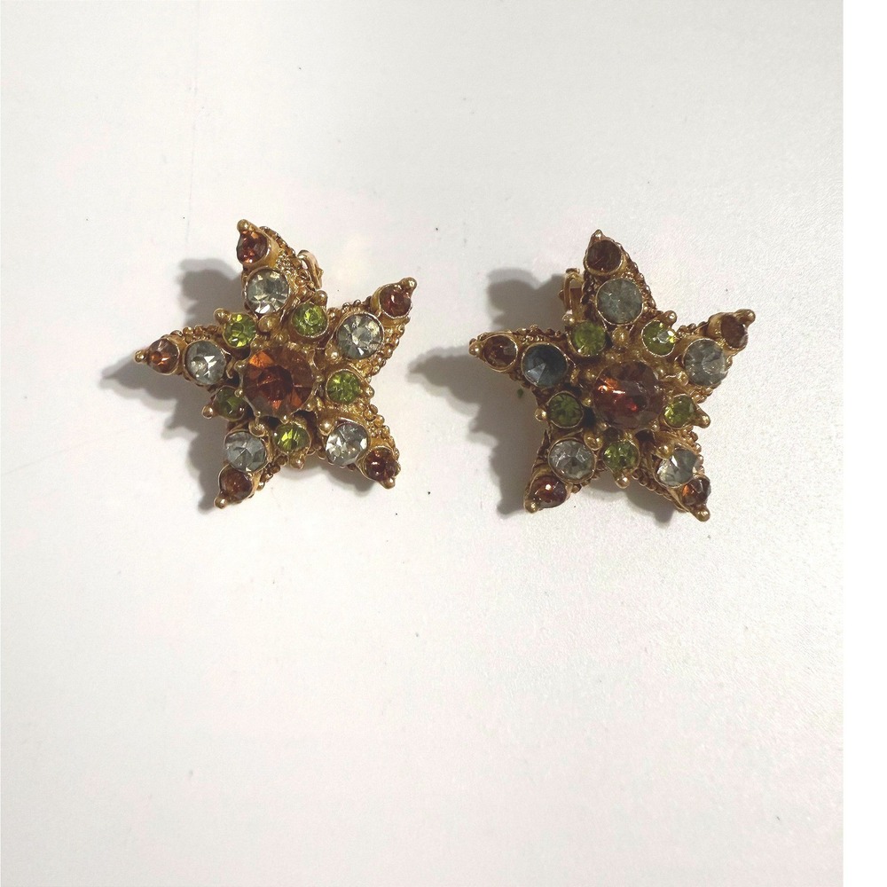 Vintage Florenza Gold Tone Multi Color Rhinestone Starburst Clip On Earrings